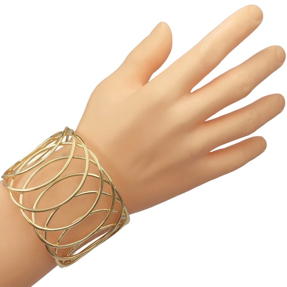 Gold Tone Wide Wire Loop Cuff Bracelet - Picture 2 of 3